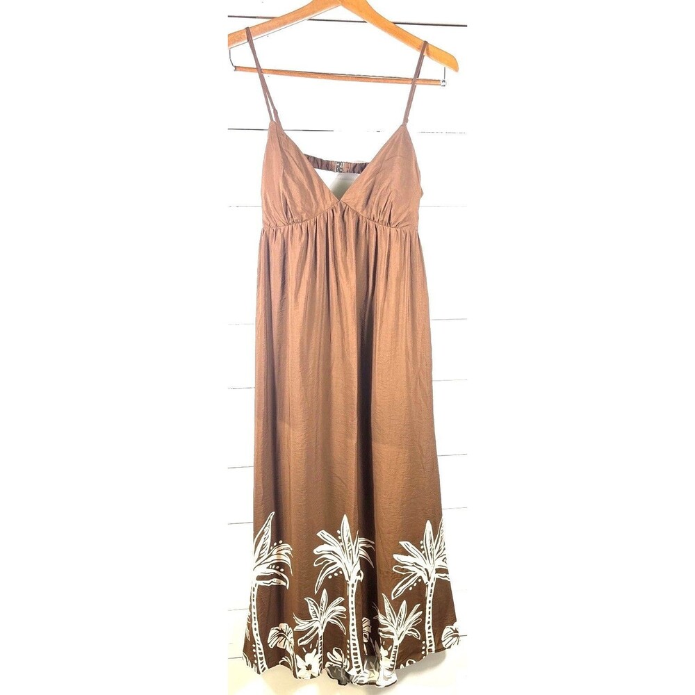 Abercrombie & Fitch Brown Sleeveless Maxi Dress With White Tropical Print Adjust